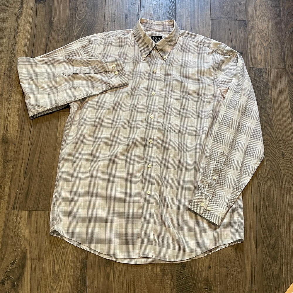 Jos. A. Bank Travelers Collection Mens Large Tailored Fit Plaid Shirt Tan L